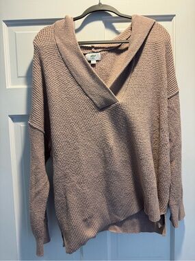 aerie Waffle-Knit V-Neck Hoodie Sweater - Dusty Rose